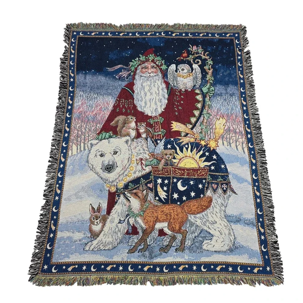 Vintage Woven Christmas Throw Blanket Santa Polar Bear Fox Animals 48x34